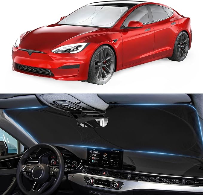 Windshield Sunshade Sun Shade Custom Fit for 2012-2023 2024 2025 Tesla Model S Accessories (Fit Long Range/LR Model) Window Shield Cover for Model S Foldable Sun Visor Blocks UV Rays Car Accessories