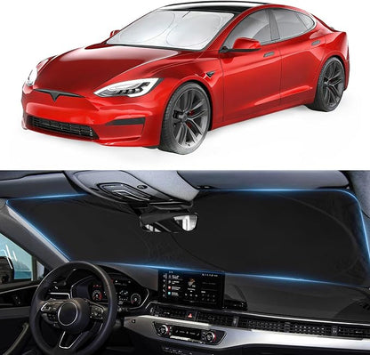 Windshield Sunshade Sun Shade Custom Fit for 2012-2023 2024 2025 Tesla Model S Accessories (Fit Long Range/LR Model) Window Shield Cover for Model S Foldable Sun Visor Blocks UV Rays Car Accessories