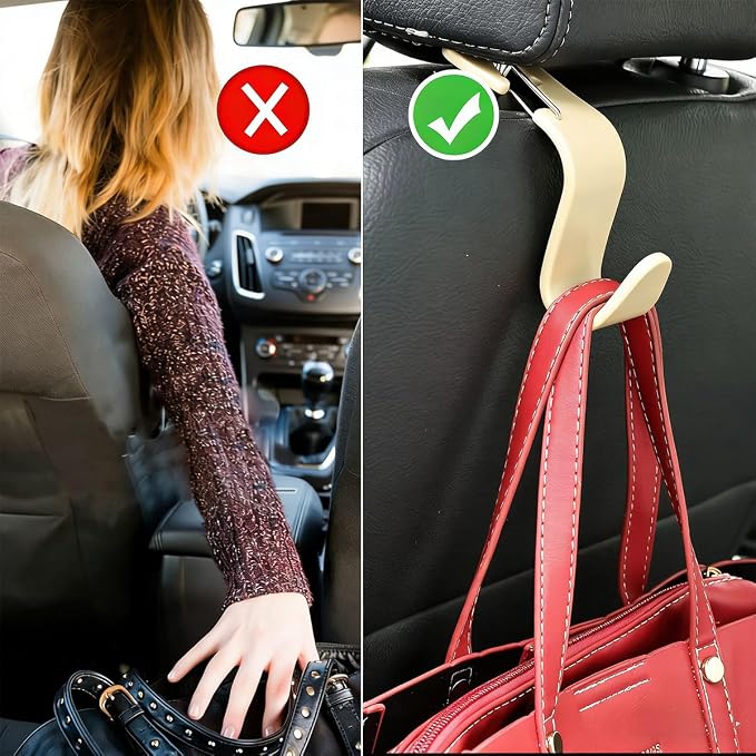4PCS Car Seat Headrest Hook, Multi-Purpose Seat Back Hanger Purse Bag Handbag Organizer, Auto Interior Backseat Storage Hook Holder for Coat Hat Grocery Umbrella, Universal Fit (Beige)