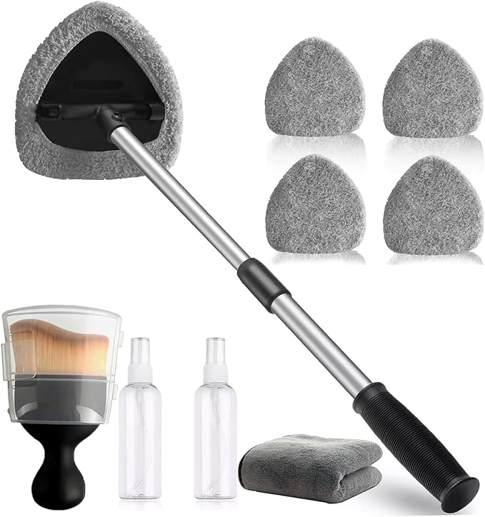 Car Windshield Cleaning Tools, Expandable Car Window Cleaner kit with 4 Reusable Microfiber Pads, Windshield Cleaning Wand Tool, Auto Interior Dust Brush, for Trucks, SUVs, RVs etc