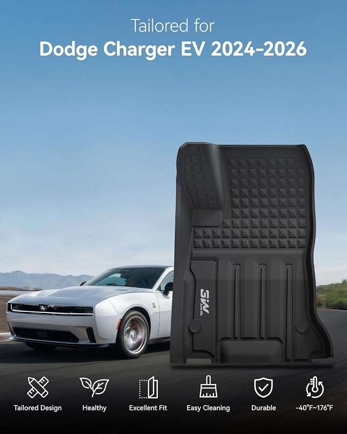 3W Floor Mats & Cargo Liner & Seatback Mats for 2024-2025 2026 Dodge Charger EV Daytona (Fit 2-Door, Not for 4-Door) Scat Pack & R/T, All Weather TPE Custom Fit Car Mats Floor Liners Full Set, Black