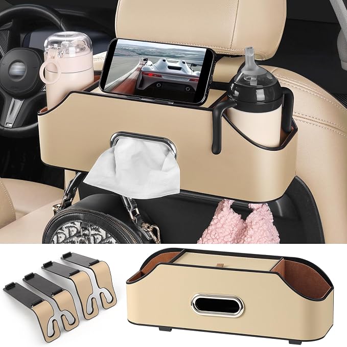 Car Rear Backseat Extra Multifunctional Drink Cup Holder Organizers With Tissue Storage Box Organizer & Hooks For Car Seat Back.Beige