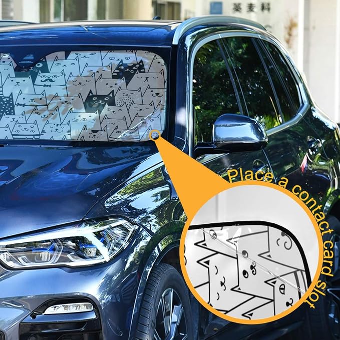 Funny Cat Car Windshield Sun Shade Cute Black White Kitty Animal Foldable UV Ray Sun Visor Protector Sunshade to Keep Your Vehicle Cool (55" x 27.6")