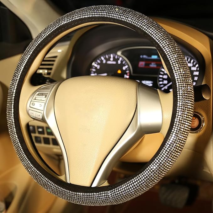 Bling Bling Women Steering Wheel Cover for car, 15 Inch Universal White Crystal Rhinestone Diamond Bling Accessories Anti-Slip Wheel Protector