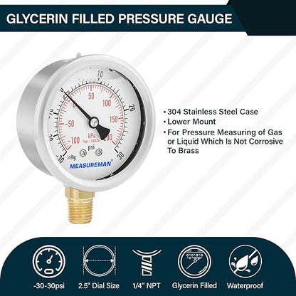 MEASUREMAN 2-1/2" dial,Glycerin Filled, Stainless Steel case, Brass Inside, 30inHg/-100kpa-0-30psi/200kpa,1/4" NPT Lower Mount