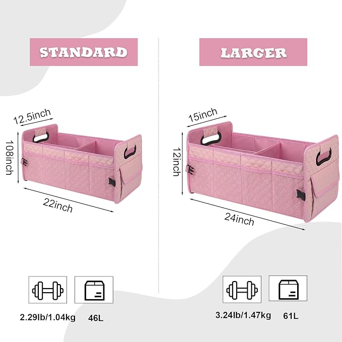 JiatuA Car Trunk Organizer for SUV, Car Storage Organizer Collapsible Multi Compartment Container Box, Adjustable Car Accessories for Women/Men, Large Pink