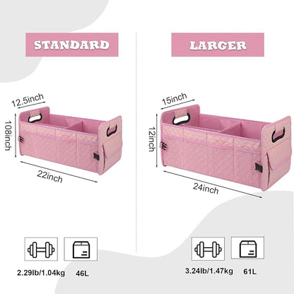 JiatuA Car Trunk Organizer for SUV, Car Storage Organizer Collapsible Multi Compartment Container Box, Adjustable Car Accessories for Women/Men, Large Pink