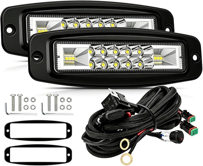 Flush Mount LED Pods Off Road Lights Work Light for 4x4 Offroad Truck SUV | 2pcs 120w Spot Beam LED Light Pods, High Intensity Visibility Ip68 Waterproof, with Wiring Harness Kit, Easy Installation