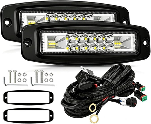 Flush Mount LED Pods Off Road Lights Work Light for 4x4 Offroad Truck SUV | 2pcs 120w Spot Beam LED Light Pods, High Intensity Visibility Ip68 Waterproof, with Wiring Harness Kit, Easy Installation