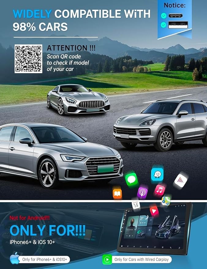 2026 Wireless CarPlay Adapter for iPhone ＆ Android Auto Mini Wired to Wireless Apple Car Play Adapter Plug & Play Compatible for iPhone iOS 10+ Android 11+ with After 2016 Cars