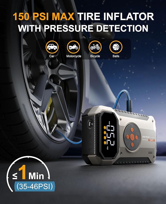 Portable Jump Starter with Air Compressor 5500A, 12V Car Charger Jump Starter Power Pack,150 PSI Tire Inflator and Jumper Box for 9.5L Gas/8.0L Diesel