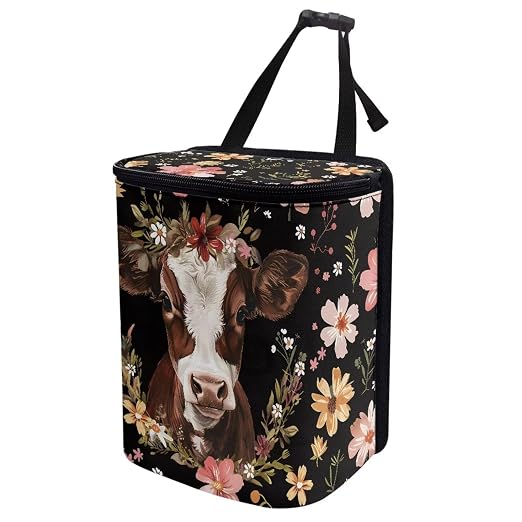 Talayituse Cow Flower Print Car Trash Can, Portable Auto Garbage Bin Multifunctional Vehicle Interior Accessories with Adjustable Straps Universal Fit Truck SUV Sedan
