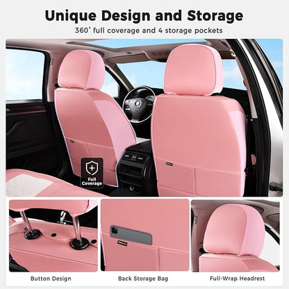 Huidasource Leather Seat Covers Front Seat, Pink & White Car Seat Covers Universal Fit for Most Cars SUV Trucks, Waterproof Automotive Car Seat Cushion Cover Protector with Lumbar Support