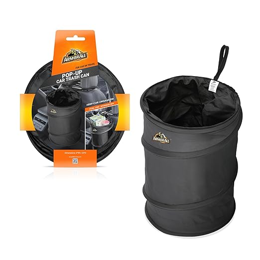 Armor All Car Trash Can, 3.3 Gallon Pop-Up Garbage Bin, Waterproof, Loop for Hanging, Velcro Base, Washable, Metal Frame, Portable Collapsible Design for Easy Storage, 12” Inch High x 9” Inch Wide