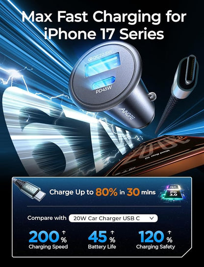 AINOPE 67.5W Car Charger USB C Fast Charge, PD 45W USB C Car Charger Fast Charging【Mini & Metal】 Cigarette Lighter Adapter USB-C Type C Car Charger for iPhone 17 16 15 Pro Max, for Samsung S26 S25