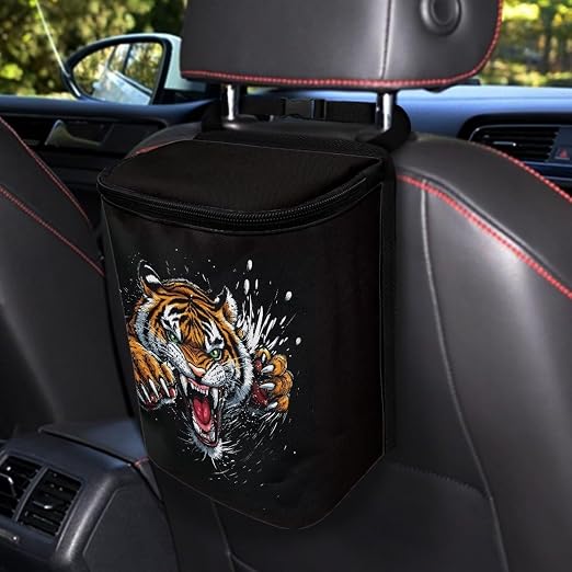 Cool Tiger Print Trash Can for Car Leakproof Garbage with Lid and Zipper Trash Bin Hanging Back of Seat Auto Interior Accessories Universal Fit Most Truck SUV Van