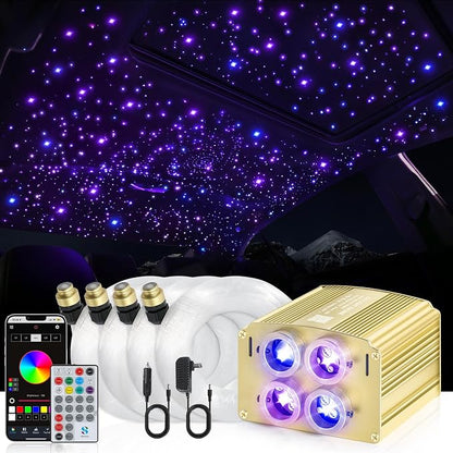 4 Colors 32W Twinkle Car Starlight Headliner Kit 700pcs*0.03in*13.1ft with APP&RF Remote, RGBW Fiber Optic Ceiling Star Lights, 4 Port Engine Sound Activated Star Roof Lights for Car Home Theater