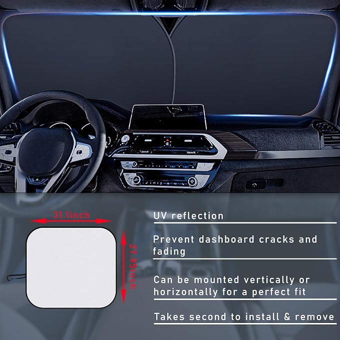 Ziciner 2 PCS Car Windshield Sun Shade, Auto Sun Heat and UV Rays Blocker, 28"×31" Foldable Automotive Front Window Sunshade Protector, Universal Vehicle Interior Accessories (Silver-M)