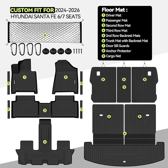 Tongama-Floor Mats for 2024-2026 Hyundai Santa Fe 6/7 Seats, All Weather TPE Trunk Mat with Backrest Mat & 2nd Row Backrest Mats & Cargo Net & Door Sill Guards for Santa Fe Floor Liner Accessories