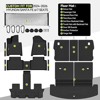 Tongama-Floor Mats for 2024-2026 Hyundai Santa Fe 6/7 Seats, All Weather TPE Trunk Mat with Backrest Mat & 2nd Row Backrest Mats & Cargo Net & Door Sill Guards for Santa Fe Floor Liner Accessories