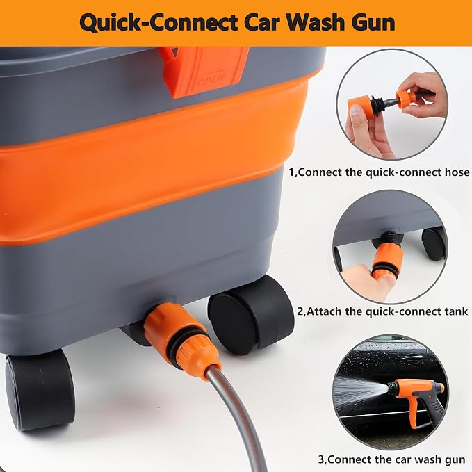 Collapsible Bucket 5.8 Gallon for Car Washing with Wheels, Drain Plug, Universal Connectors for Cordless Pressure Washer, Foldable Car Wash Bucket for Car,Mop Cleaning, Camping, RV, Pet Bath