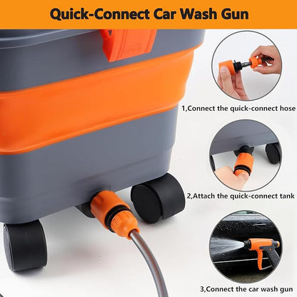 Collapsible Bucket 5.8 Gallon for Car Washing with Wheels, Drain Plug, Universal Connectors for Cordless Pressure Washer, Foldable Car Wash Bucket for Car,Mop Cleaning, Camping, RV, Pet Bath