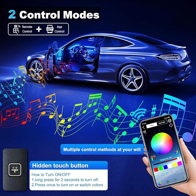 Acrylic Interior LED Strip Light With Wireless APP, RGB 18 in 1 With 175 Inches 600 LEDs Fiber Optic Ambient Lighting Kits for Car, 16 Million Colors Sound Active Function