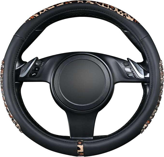 Flying Banner car Steering Wheel Cover Gel Massage Velvet Cool Warm Universal Size 15 inches SUV Truck Anti Slip Odorless Summer Winter (Black Brown Leopard Print, Gel Massage)