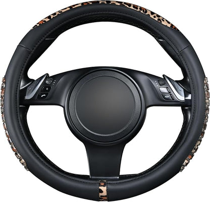 Flying Banner car Steering Wheel Cover Gel Massage Velvet Cool Warm Universal Size 15 inches SUV Truck Anti Slip Odorless Summer Winter (Black Brown Leopard Print, Gel Massage)