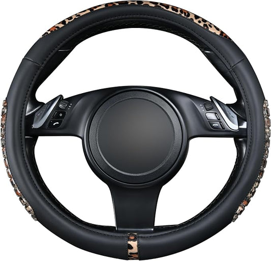 Flying Banner car Steering Wheel Cover Gel Massage Velvet Cool Warm Universal Size 15 inches SUV Truck Anti Slip Odorless Summer Winter (Black Brown Leopard Print, Gel Massage)