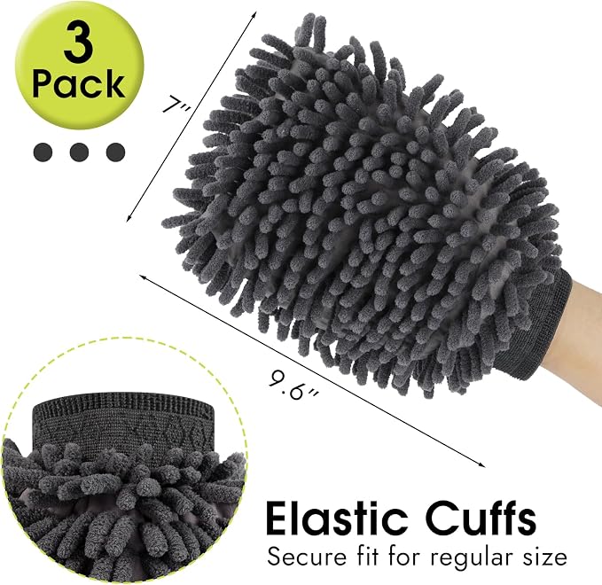 3 Pack Chenille Microfiber Car Wash Mitt, 7" x 9.6" Car Washing Mitts, Home Dusting Gloves, Scratch Free Lint-Free, Highly Absorbent, Double Sided, for Cleaning Detailing Polish (Grey)