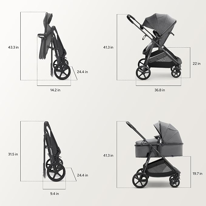 Mompush Wiz 2 in 1 Baby Stroller with Infant Pramette Mode, One Hand Fold Convertible Newborn to Toddler Stroller with Reversible Seat and Large UPF 50+ Canopy