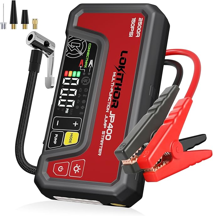 LOKITHOR JP400 Jump Starter with Air Compressor, 2500A 12V Portable Car Battery Booster Pack (8.5L Gas/6.5L Diesel) with ConnectMax Tech, 150PSI Tire Inflator, Auto-Shutoff & Dynamic Dwell (Red)