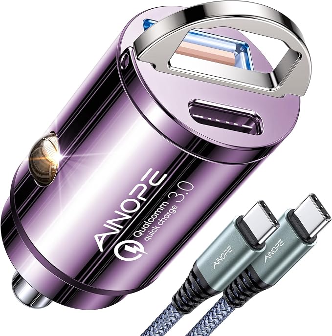 AINOPE 90W Super Fast Car Charger, Invisible USB C 45W Car Charger Fast Charging Type C, [Mini&Metal] Cigarette Lighter USB Adapter Fits Samsung Galaxy S25 Ultra S24 iPhone 16 15 Pro Max Piexl, Purple