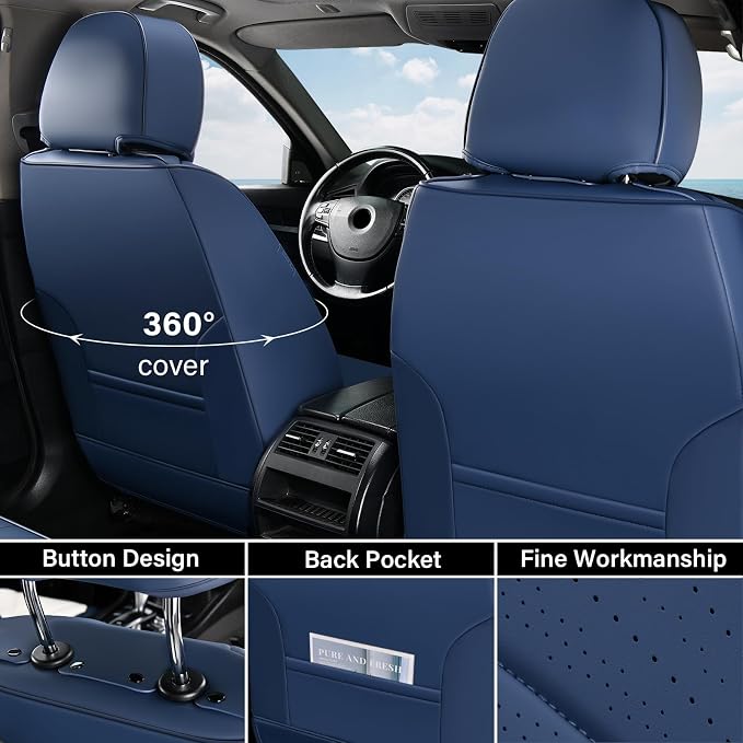 Coverado Front Seat Covers, Car Seat Covers Front Seats, Nappa Leather Seat Covers for Cars, Waterproof Seat Covers with Lumbar Support Universal Fit for Most Cars SUV Trucks (Front, Blue)