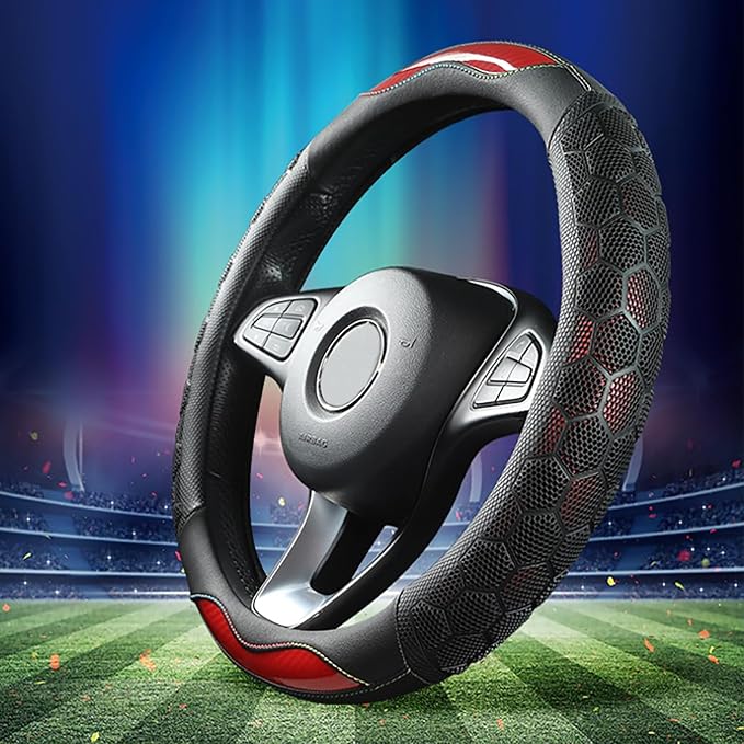 3D Honeycomb Red Steering Wheel Cover, 14.5-15 Inch Non-Slip Breathable Leather Car Steering Wheel Cover for Men Women