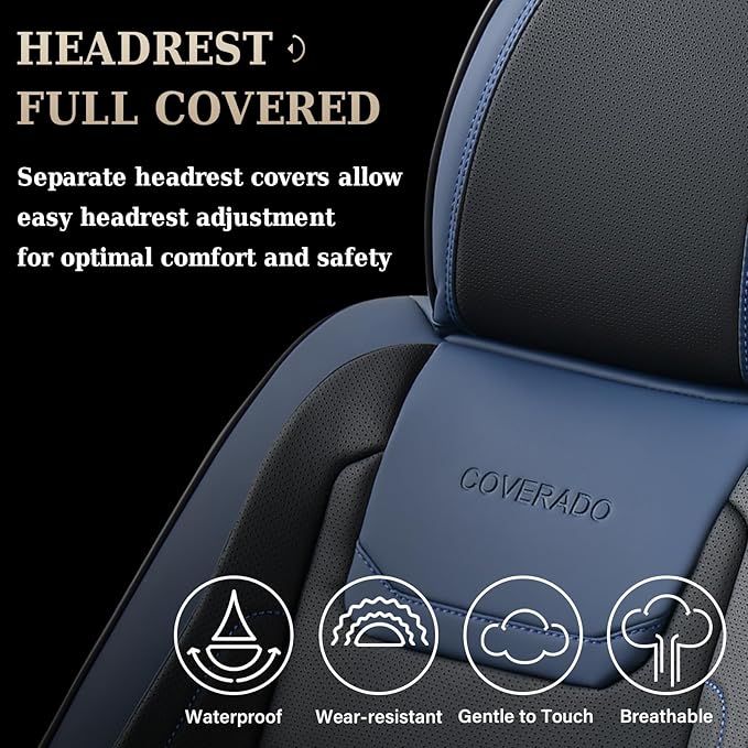 Coverado Car Seat Covers Full Set, Seat Covers for Cars, Waterproof, Leather Car Seat Cushion, Universal Car Interior Covers Seat Protectors for Most Cars Blue