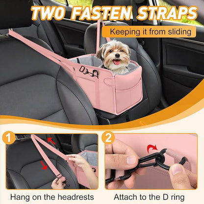 Portable Dog Car Seat for Small Dogs - Adjustable Safety Leash, Washable Cushion & Storage Pocket - Pet Booster Seat for Car Travel- Pink