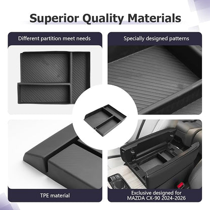 LUWU CX-90 2026 Accessories Compatible with Mazda CX90 2024 2025 2026 Center Console Organizer CX 90 Armrest Console Storage Box Insert Tray ABS Material Black Coin Container Black