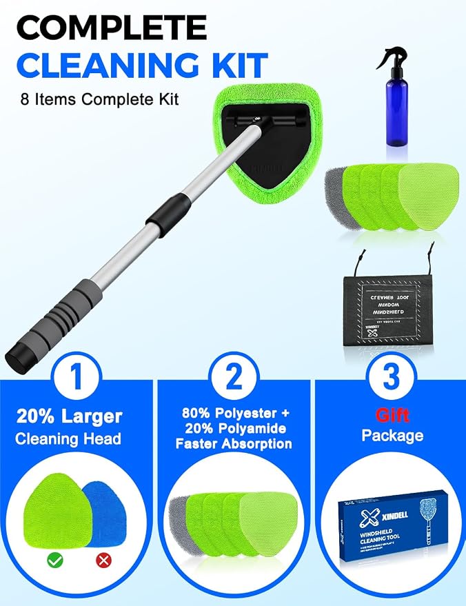 XINDELL 29-inch Windshield Cleaner Tool – Car Interior Window Cleaning Kit with Extended Long Handle & 4 Microfiber Pads, Auto Wiper Windshield Brush for Car, Trucks, SUVs, RVs & Home