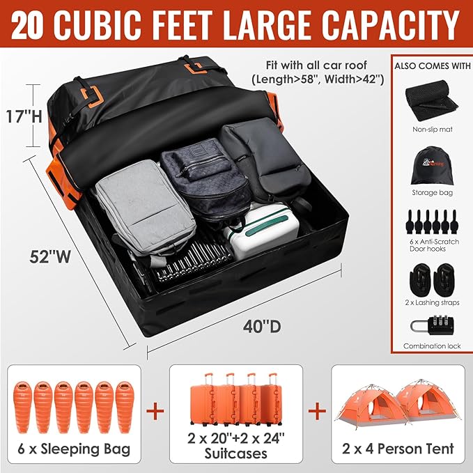 Asinking Car Rooftop Cargo Carrier Bag, 20 Cubic Feet Waterproof Heavy Duty Car Roof Bag for All Vehicle with/Without Racks - Anti-Slip Mat, 6 Door Hooks, Storage Bag, 2 Extra Straps, Luggage Lock