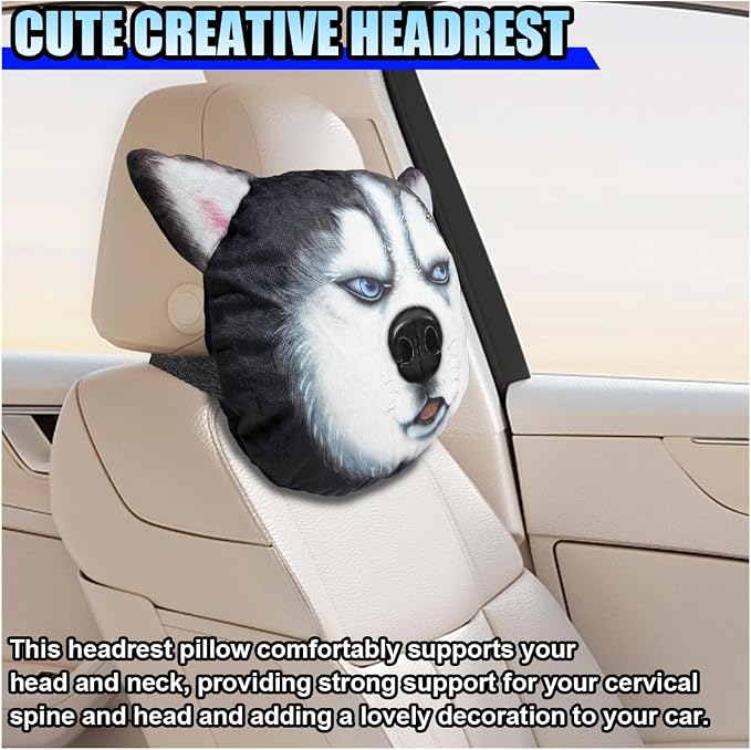 Cute Husky Dog Car Headrest Pillow- Memory Foam Car Neck Pillow Auto Seat Cushion of Headrests for Pain Pressure Relief- Cartoon Neck Support Cushion with Adjustable Strap for Most Cars (Husky)
