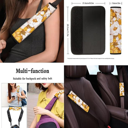 Peony Universal Car Seat Covers 13 Set, Yellow White Floral Contrast Color Car Accessories for Front Rear Seat Cover, Oil Painting Steering Wheel Cover Seat Belt Pads