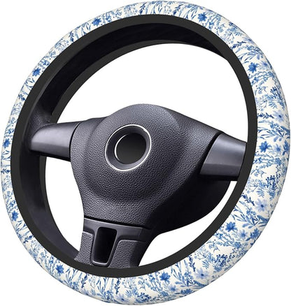Blue Floral Steering Wheel Cover for Women & Men – Universal 15 Inch Car Accessories, Non-Slip & Stylish Design, Fits Most Cars, SUVs, and Auto