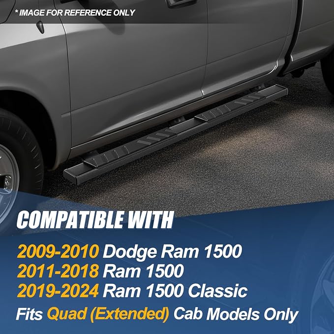 Auto Dynasty Flat Running Boards Compatible with 2009-2024 Dodge Ram 1500 Truck Extended/Quad Cab, Stainless Steel Side Step Rail Nerf Bars, 5" Step Bars, Black Powdercoated