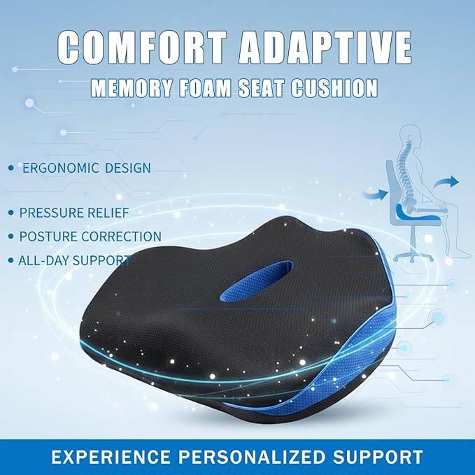 Seat Cushion for Tailbone Pain Relief, Memory Foam Seat Chair Cushion, Cushions Pad Pillow for Office, Car Seat, Airplane, for Long Sitting (Navy)
