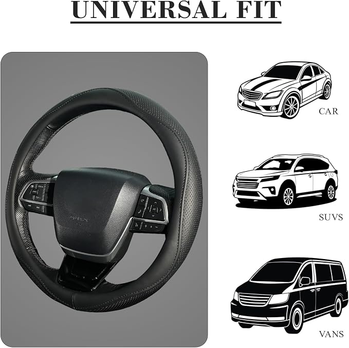 KAFEEK Steering Wheel Cover for Men Women, Universal 15 inch Microfiber Leather with Non-Slip Rubber Lining, Breathable Car Wheel Protector, Odorless, Durable, Black
