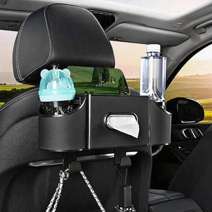 Back Seat Car Organizer,4 in 1 Multifunctional Car Back Seat Storage Box with Drink Cup Holder Tissue Box, for Hold Phone,Snacks, Drinks, Handbag-Black