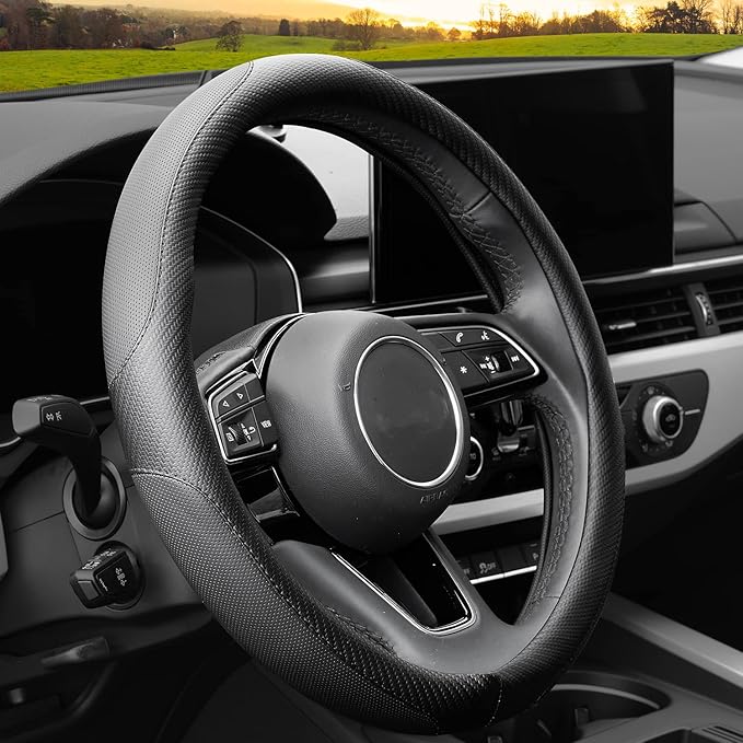 YHONGJT Soft Microfiber Leather Anti-Slip Car Steering Wheel Cover, Universal Fit 15 Inch for Women Girls, Fit Vehicles, Sedans, SUVS, Vans, Trucks - Black