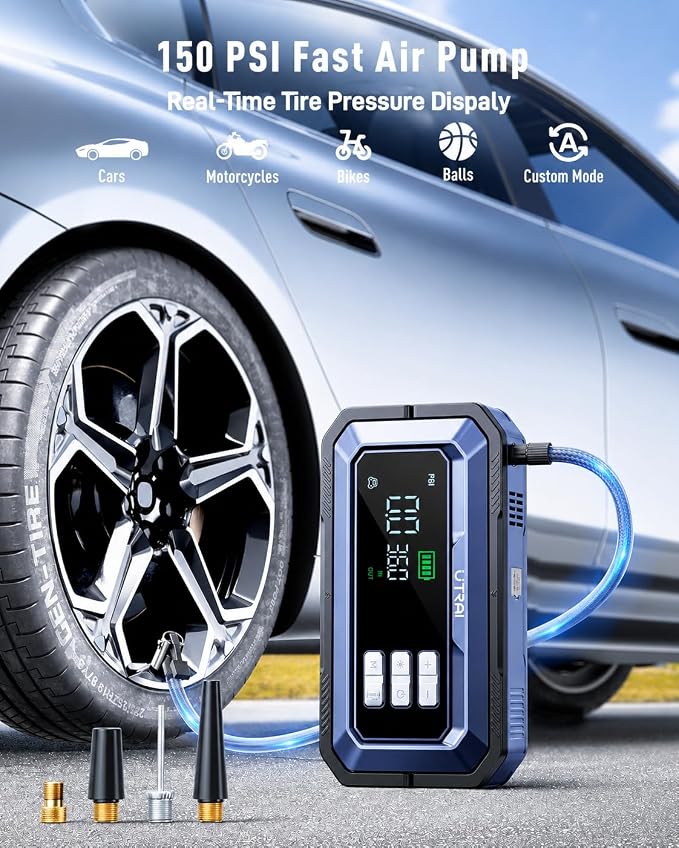 UTRAI Jump Starter with Air Compressor,8000A Portable Car Battery Jump Starter for All Gas/12L Diesel,150PSI Tire Inflator with Auto Shut-Off,160W DC Output, 2000LM Light,OBD2 Scanner